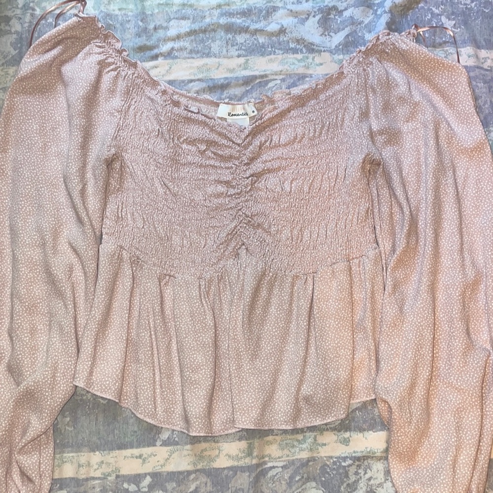 pink polka dot blouse